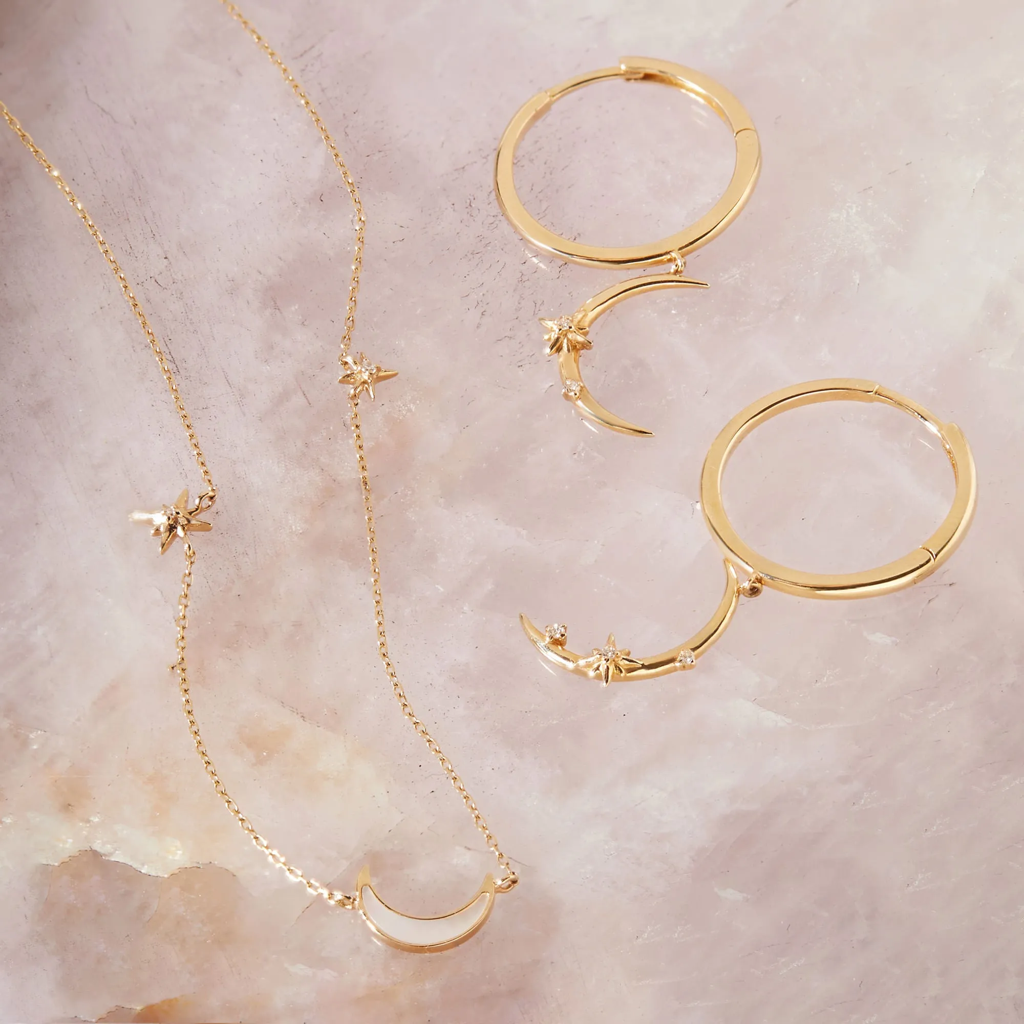 14kt Gold Diamond Moon Hoop Earrings