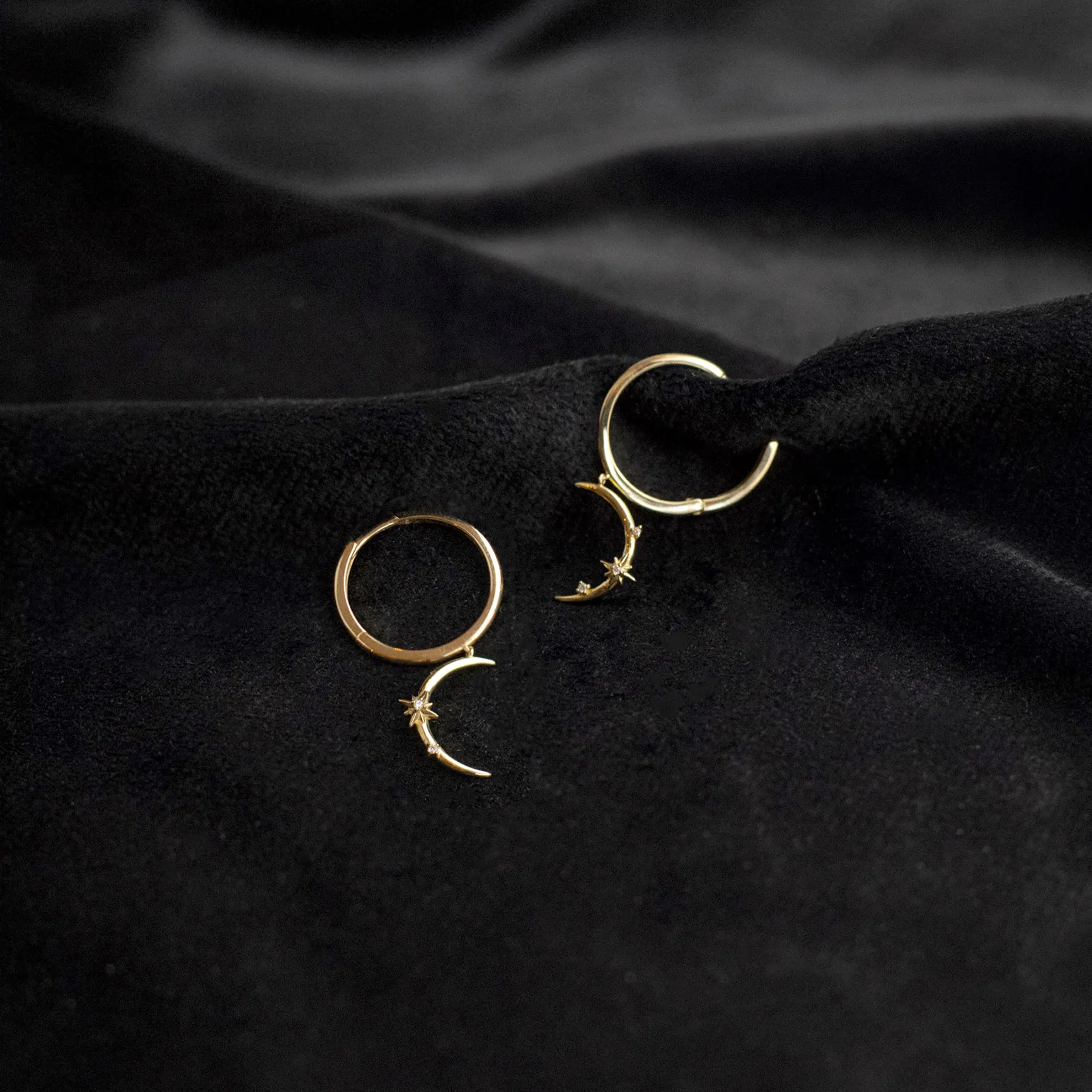 14kt Gold Diamond Moon Hoop Earrings