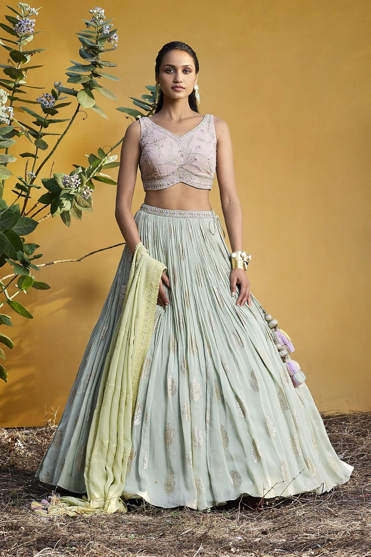 310072 Mint Green and Powder Pink Embroidered Georgette Lehenga