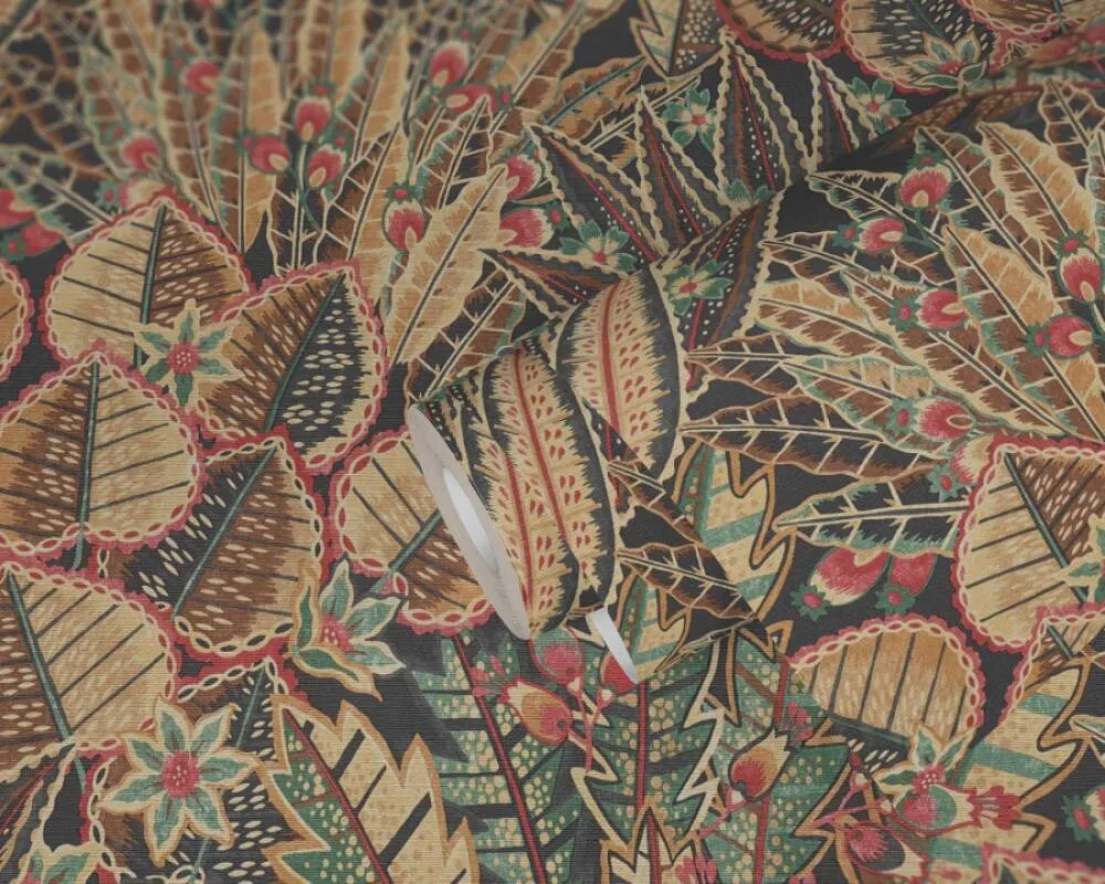 Abstract Leaf Floral Wallpaper in Brown/Red/Black