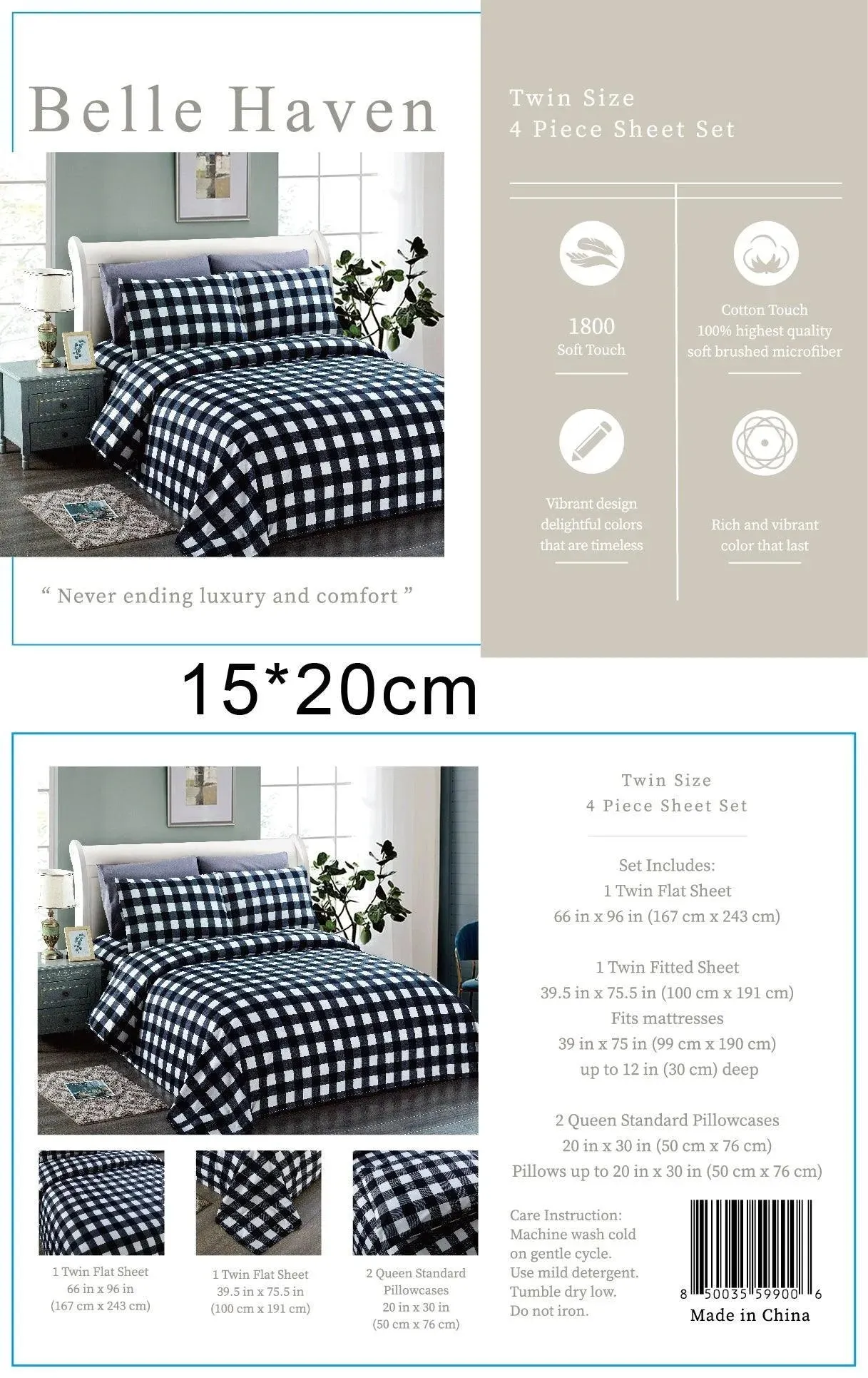 Belle Haven 6 Piece Sheet Set Bedding Set Black/White Checkered