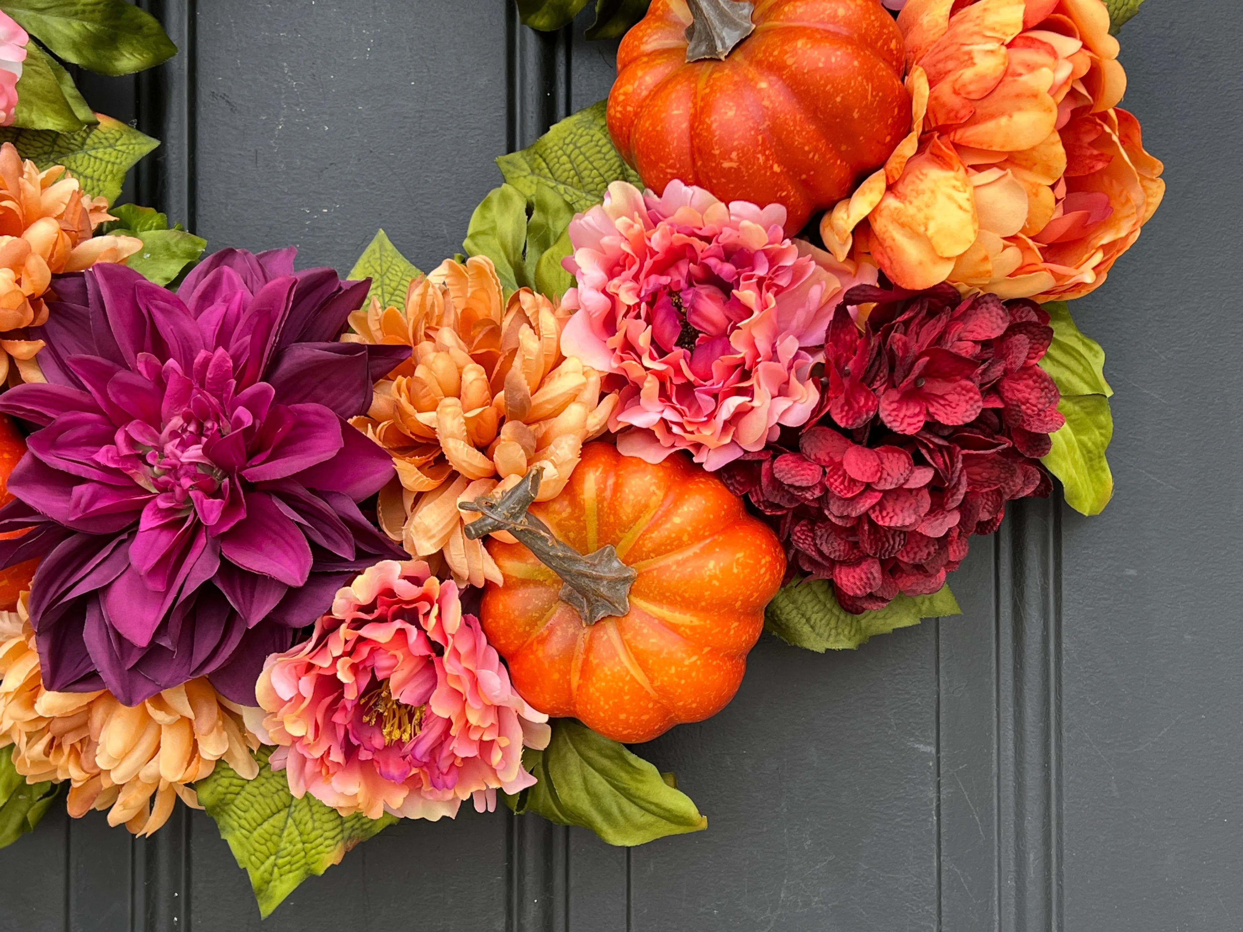 Bountiful Blooms Pumpkin Wreath with Peonies, Dahlias and Hydrangeas