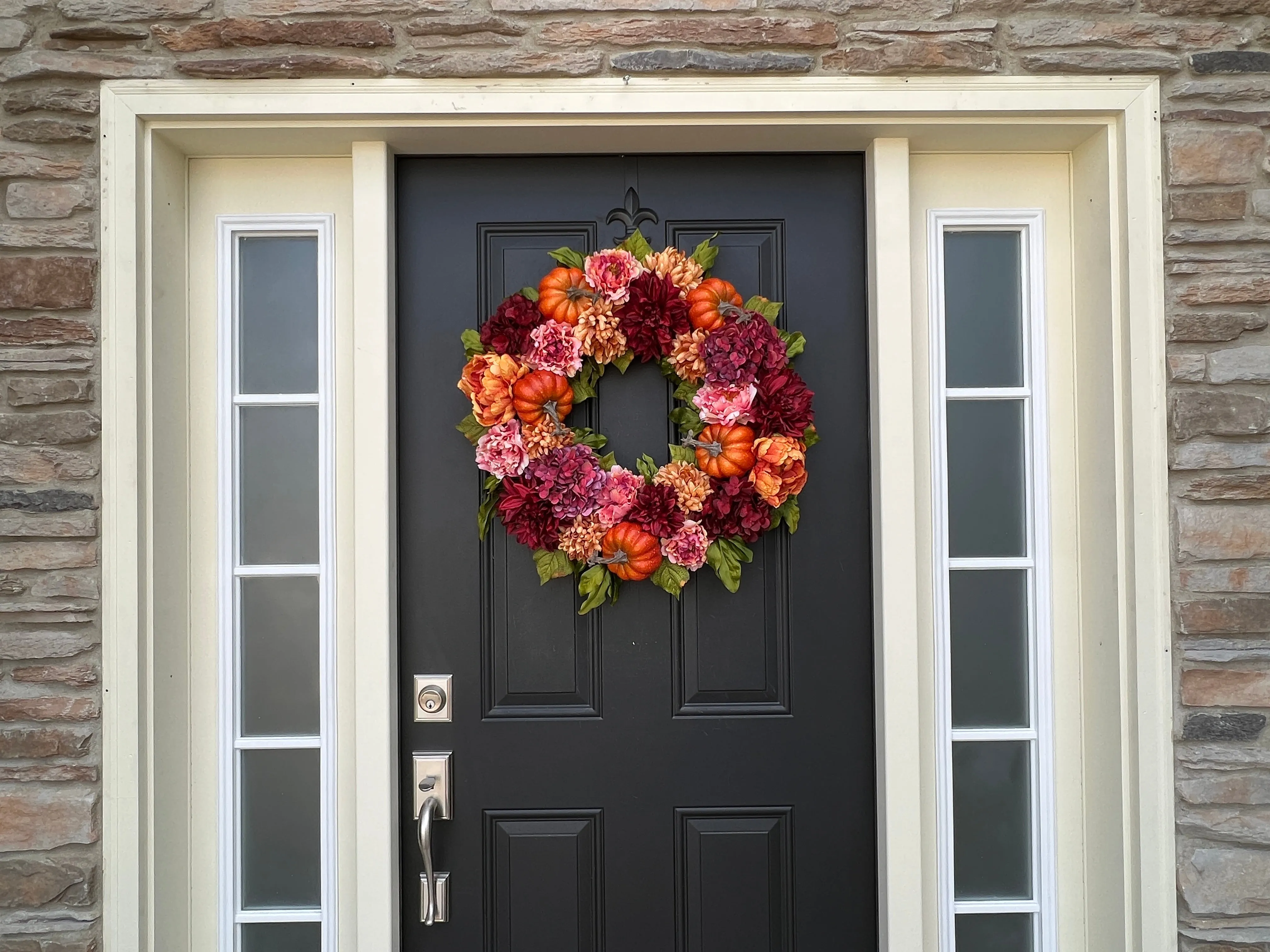 Bountiful Blooms Pumpkin Wreath with Peonies, Dahlias and Hydrangeas