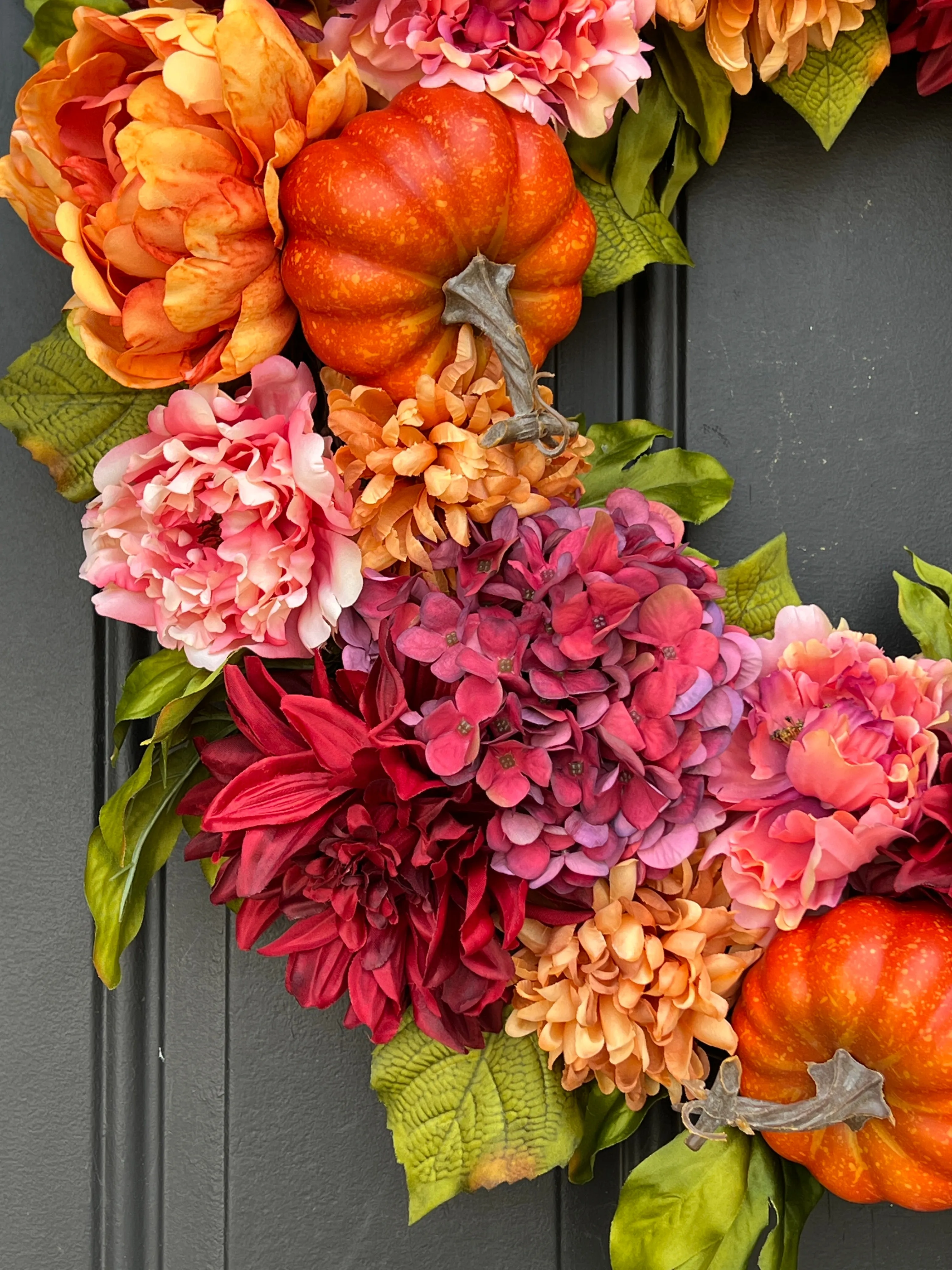 Bountiful Blooms Pumpkin Wreath with Peonies, Dahlias and Hydrangeas