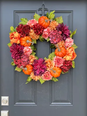 Bountiful Blooms Pumpkin Wreath with Peonies, Dahlias and Hydrangeas