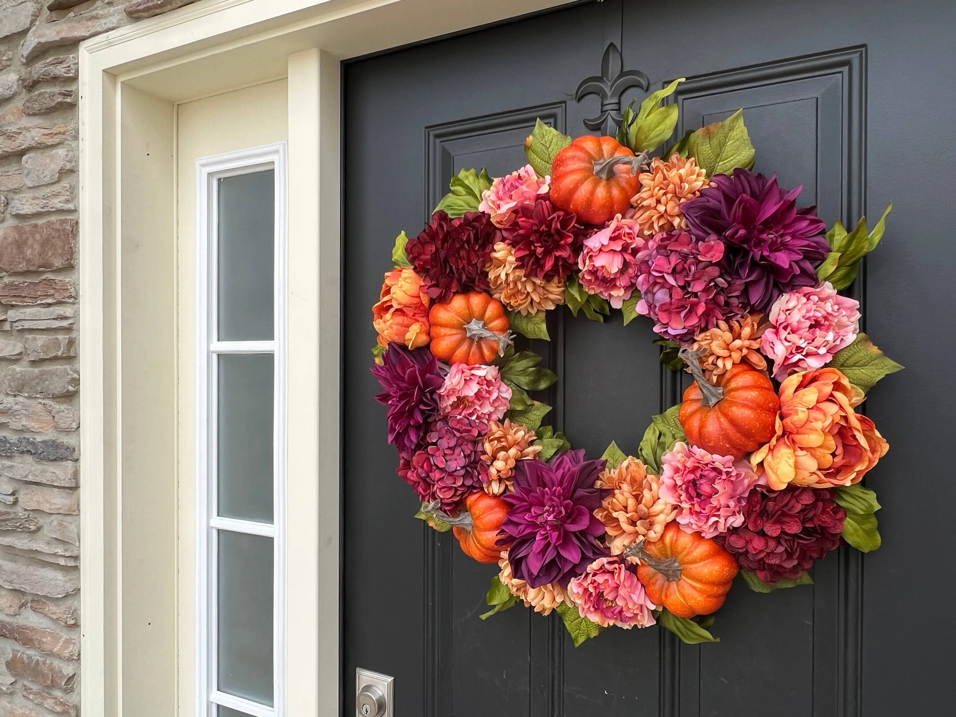 Bountiful Blooms Pumpkin Wreath with Peonies, Dahlias and Hydrangeas