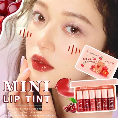 Eakroo 6 Colors Cherry Lip Tint Stain Set, Korean Velvet Lip Gloss Lip Stain Tint Mini Liquid Watery Lipstick, Multi-Use Lip and Cheek Tint, Long lasting, Non-Stick Cup, Waterproof, Vivid Color