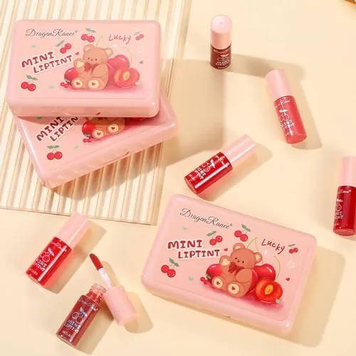 Eakroo 6 Colors Cherry Lip Tint Stain Set, Korean Velvet Lip Gloss Lip Stain Tint Mini Liquid Watery Lipstick, Multi-Use Lip and Cheek Tint, Long lasting, Non-Stick Cup, Waterproof, Vivid Color