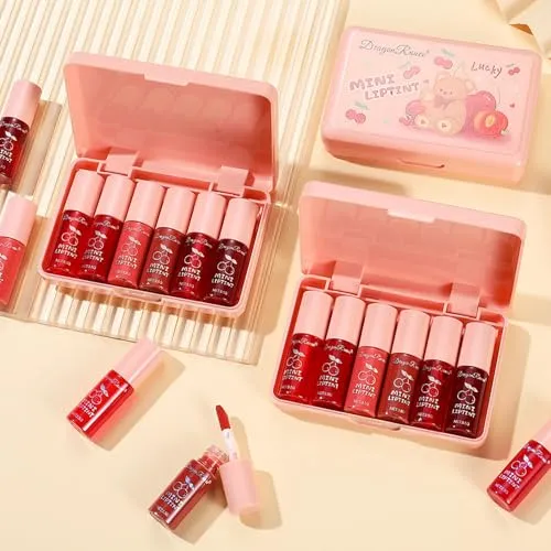 Eakroo 6 Colors Cherry Lip Tint Stain Set, Korean Velvet Lip Gloss Lip Stain Tint Mini Liquid Watery Lipstick, Multi-Use Lip and Cheek Tint, Long lasting, Non-Stick Cup, Waterproof, Vivid Color