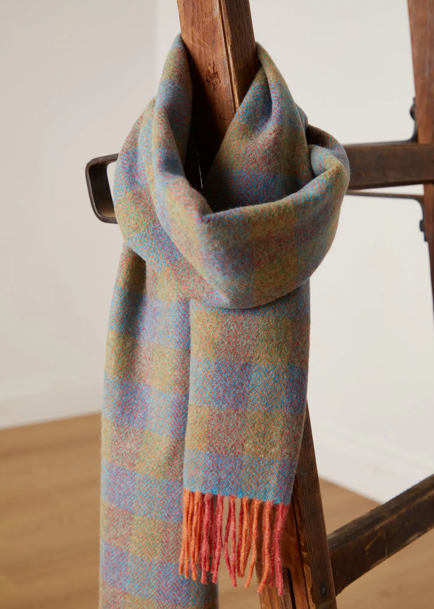 Foxford Orange and Blue Check Lambswool Scarf