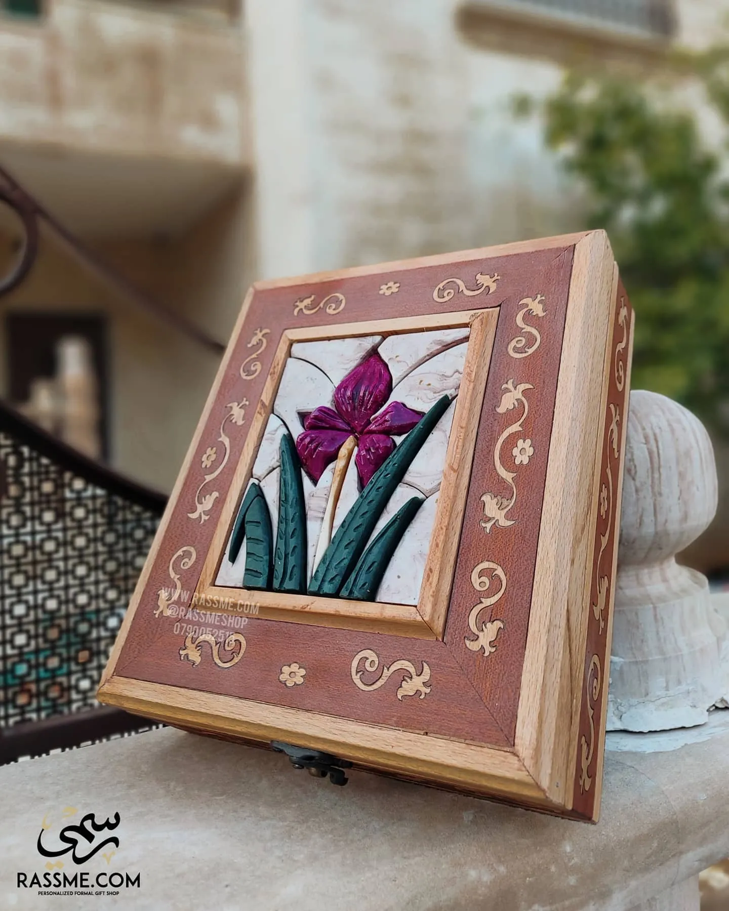 Handcrafted Wooden 3D Black Iris Mosaic Stones Box