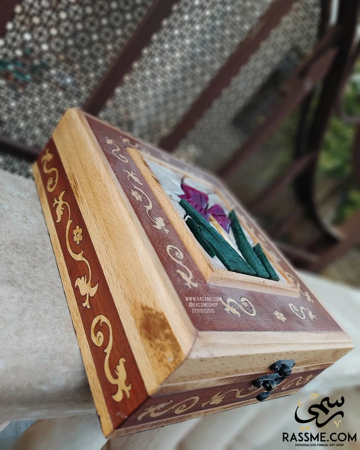 Handcrafted Wooden 3D Black Iris Mosaic Stones Box