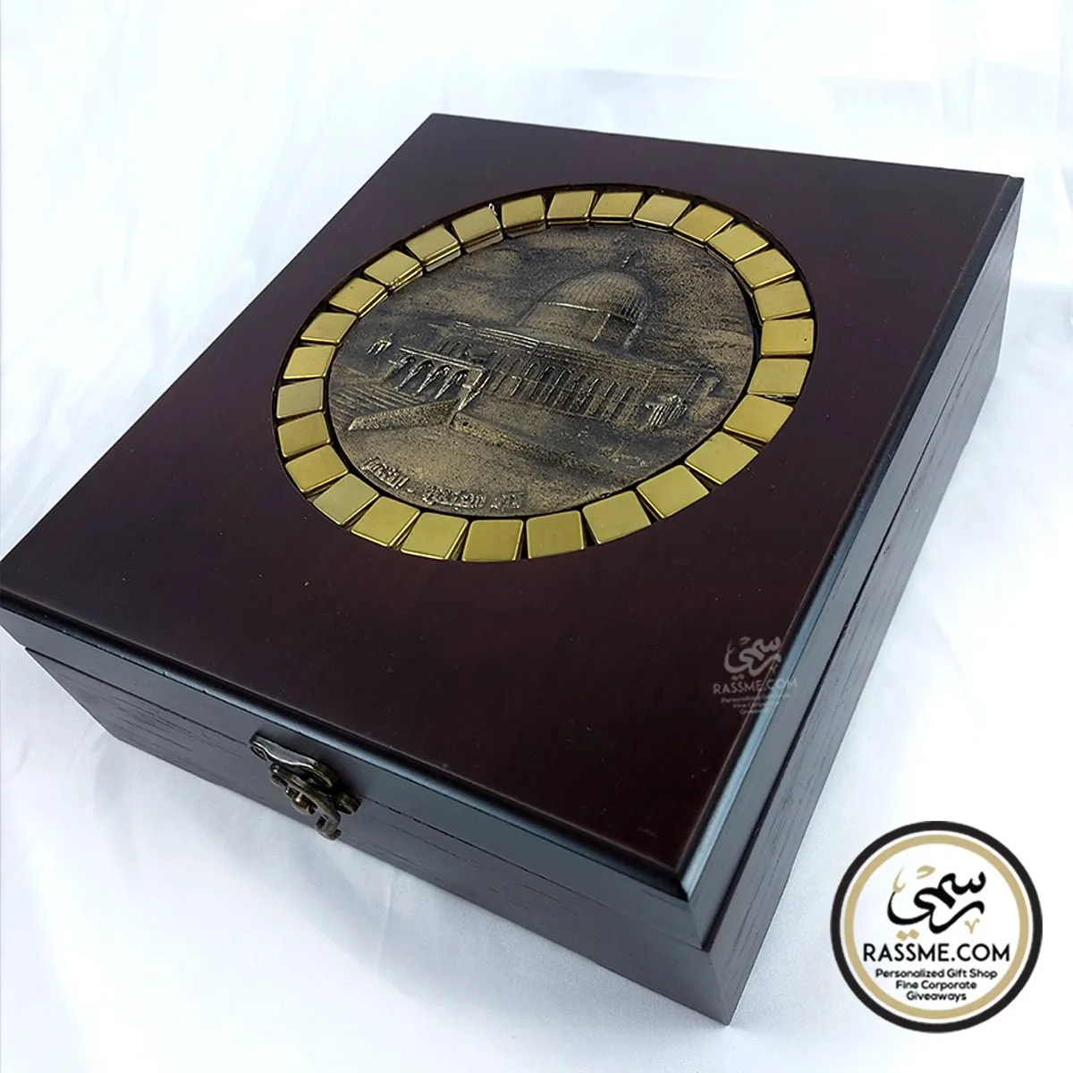 Handcrafted Wooden Brass 3D The Dome OF The Rock Mosaic Stones Tea Box