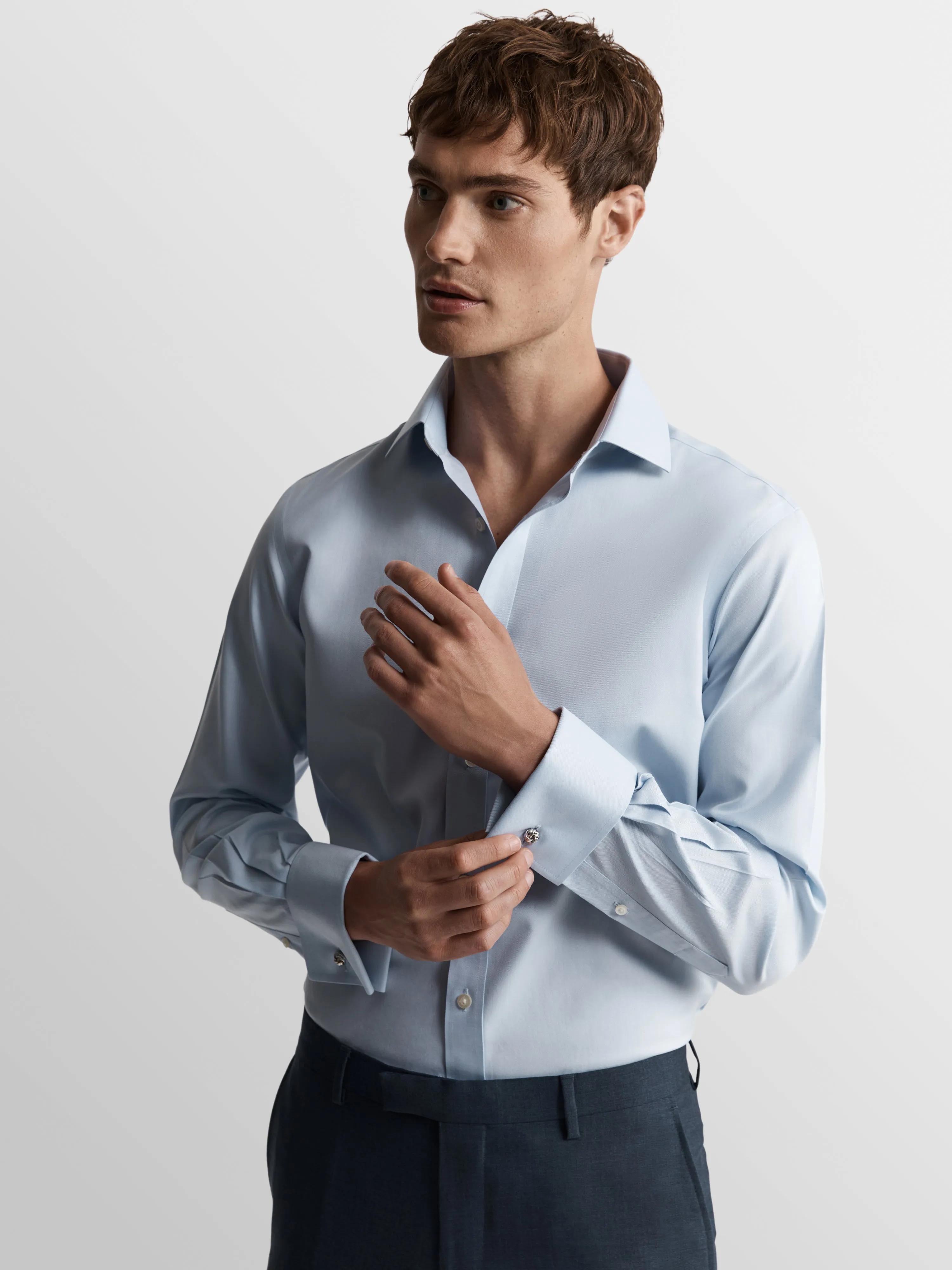 Non-Iron Light Blue Twill Slim Fit Double Cuff Classic Collar Shirt