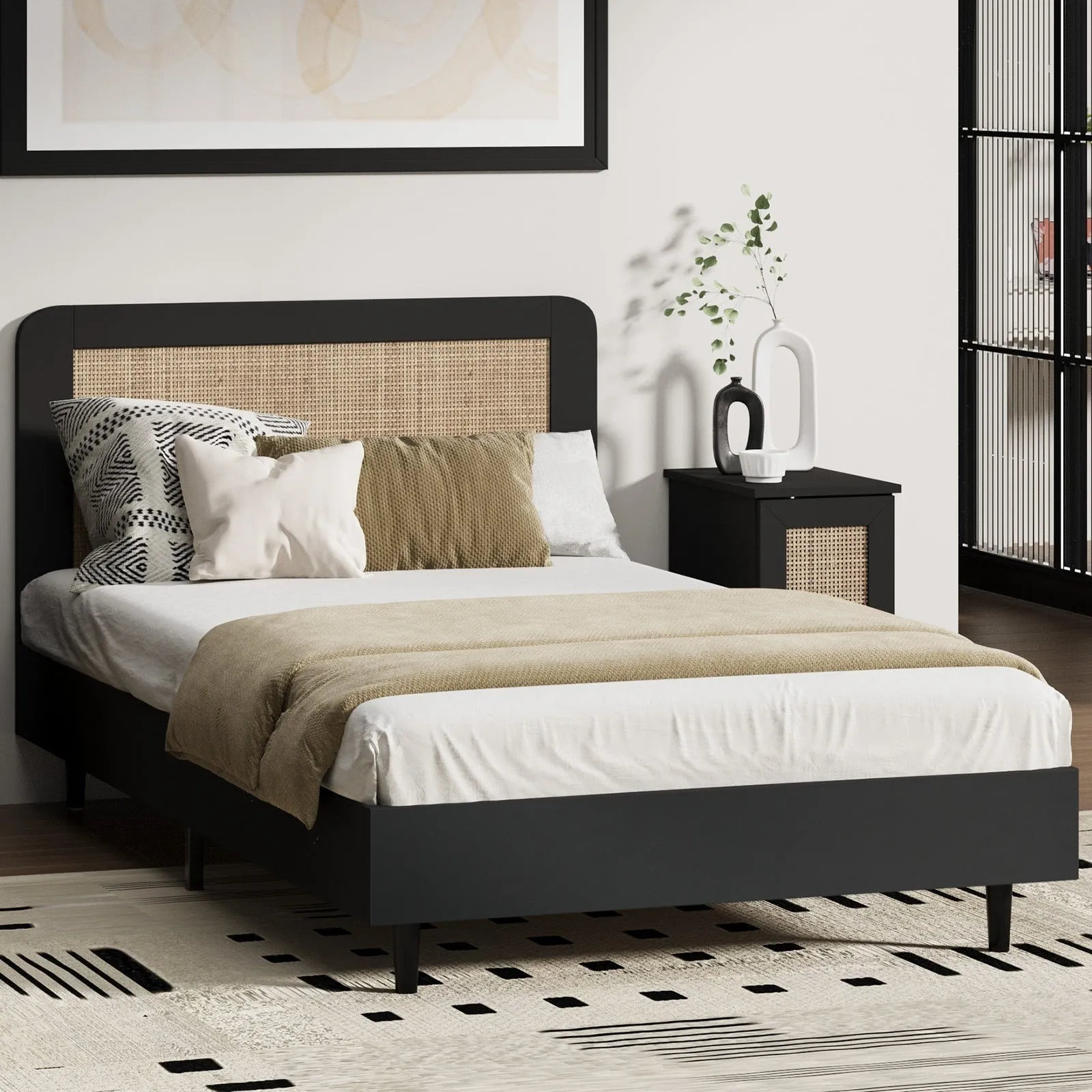 Oikiture Bed Frame King Single Size Beds Real Rattan Headboard Black