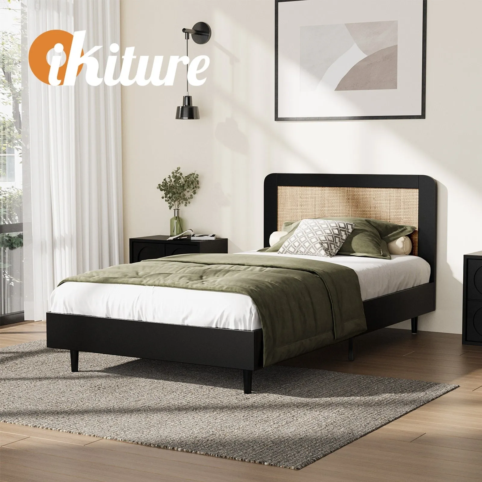 Oikiture Bed Frame King Single Size Beds Real Rattan Headboard Black