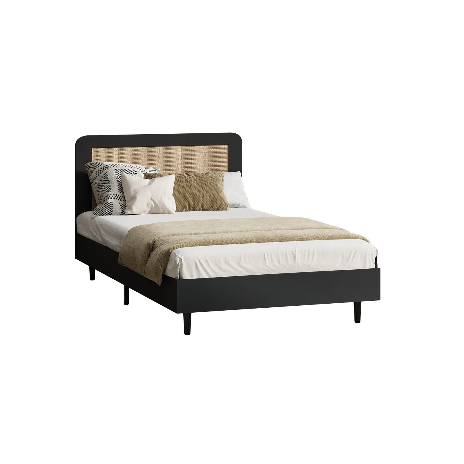 Oikiture Bed Frame King Single Size Beds Real Rattan Headboard Black