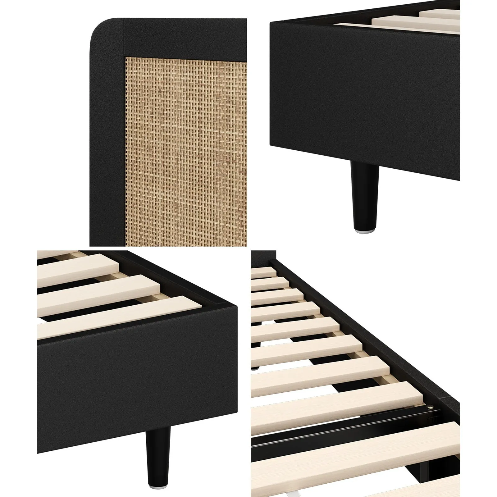 Oikiture Bed Frame King Single Size Beds Real Rattan Headboard Black