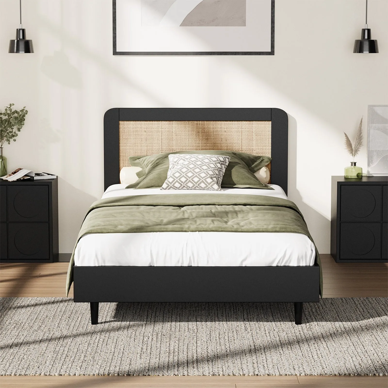 Oikiture Bed Frame King Single Size Beds Real Rattan Headboard Black