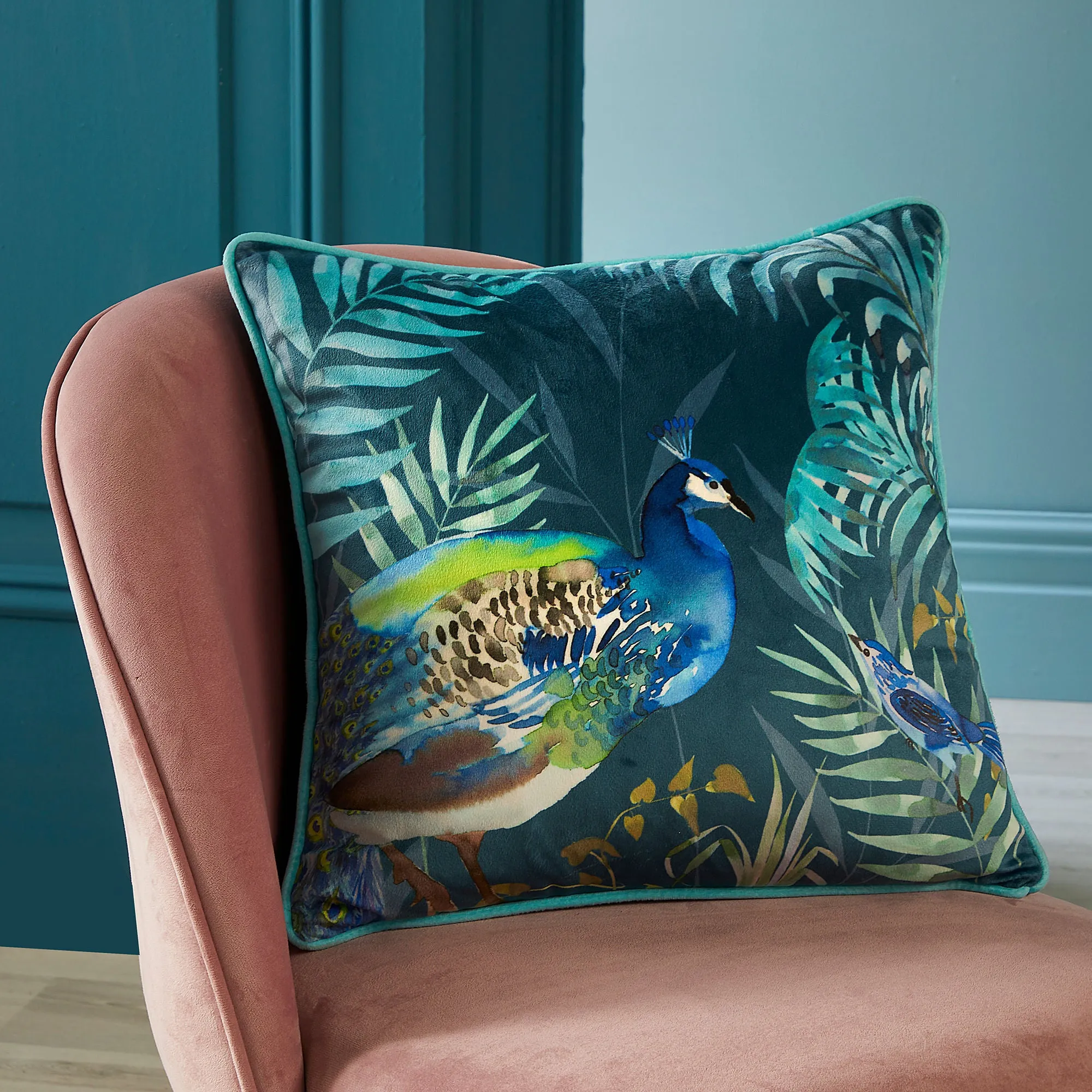 Peacock Jungle Cushion by Soiree in Teal 43 x 43cm