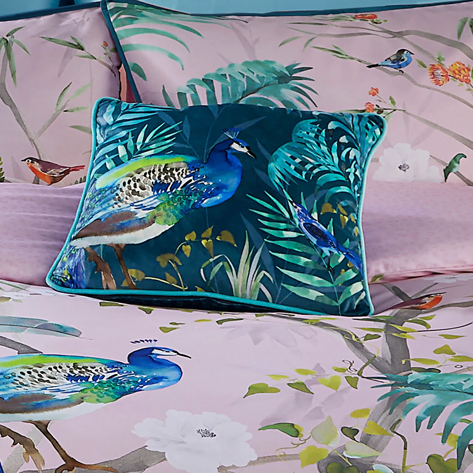 Peacock Jungle Cushion by Soiree in Teal 43 x 43cm