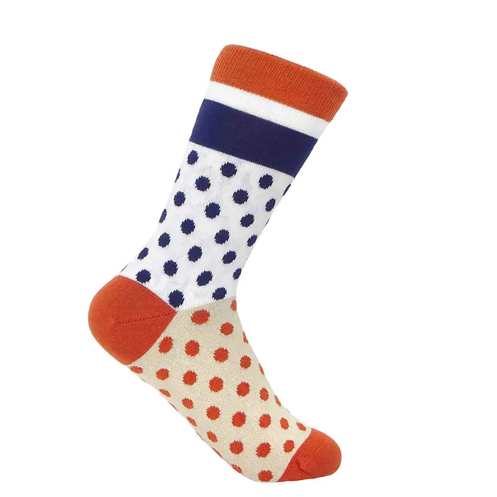 PEPER HAROW Katherine Polka Dot Women's Luxury Cotton Socks - Taupe, Orange and Blue