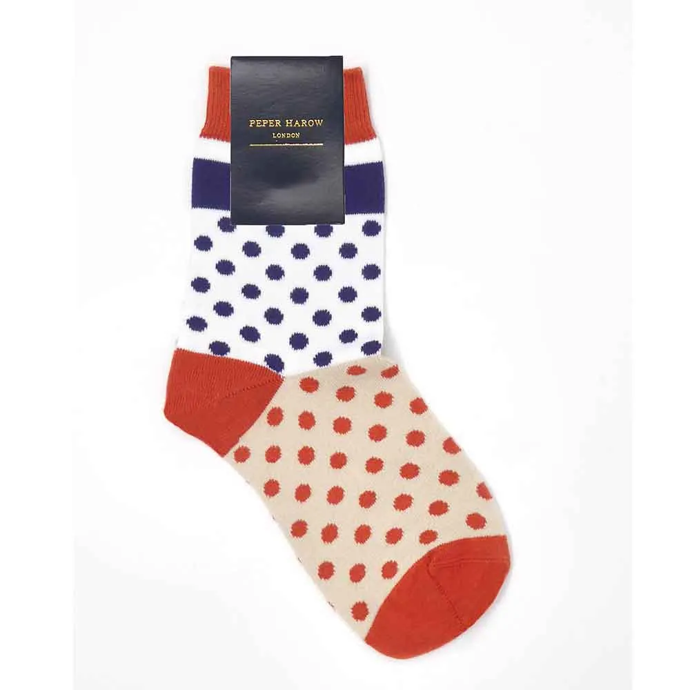 PEPER HAROW Katherine Polka Dot Women's Luxury Cotton Socks - Taupe, Orange and Blue