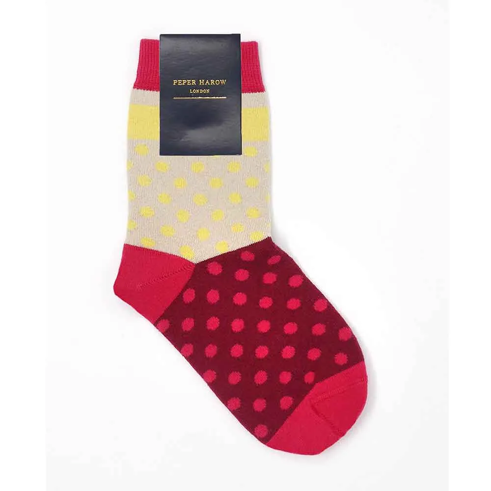 PEPER HAROW Katherine Polka Dot Women's Luxury Cotton Socks - Wine, Red and Yellow