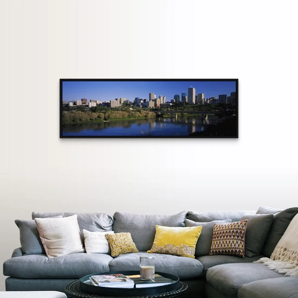 "Buildings at the waterfront, Edmonton, Alberta, Canada" Black Float Frame Canvas Art