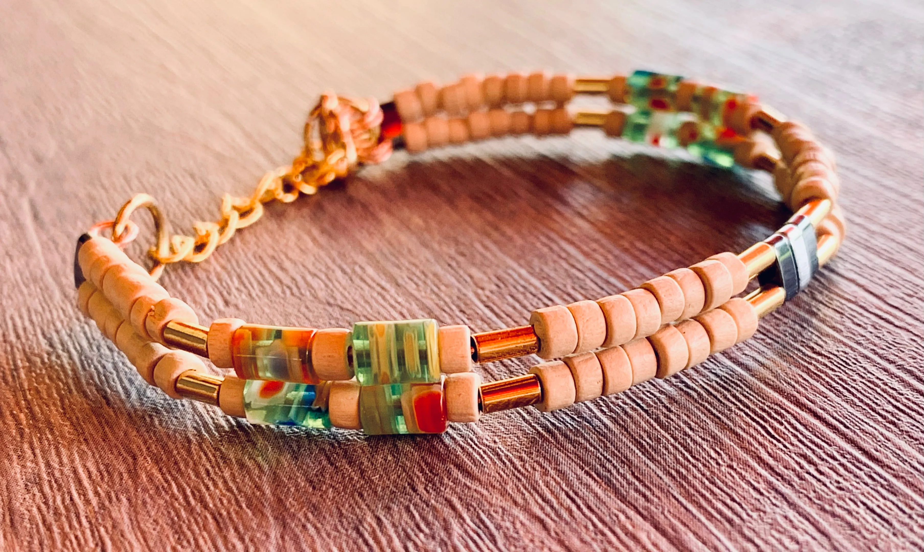 Sammie Handmade Wood, Hematite, and Mille Fiori Glass Bracelet