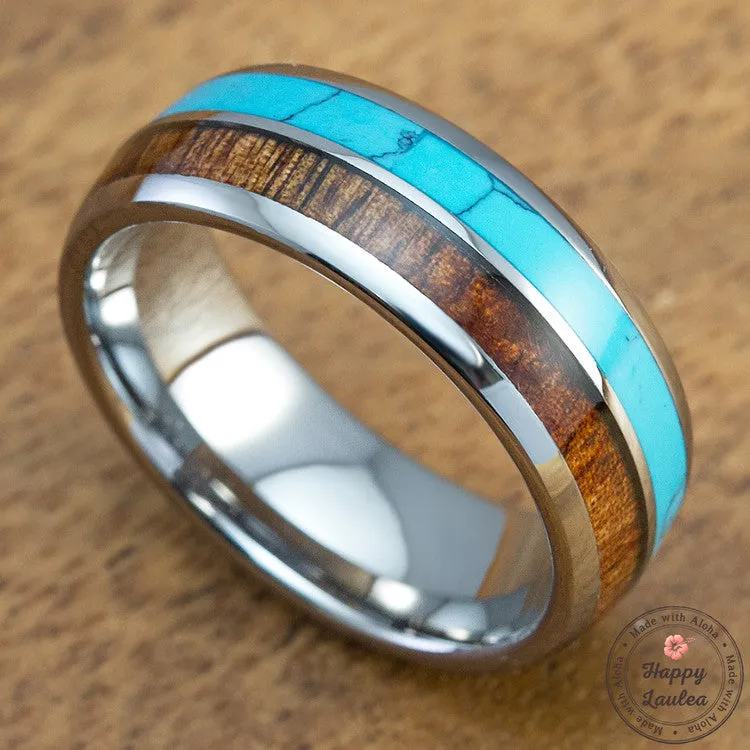 Tungsten Carbide 8mm Ring with Turquoise and Hawaiian Koa Wood Inlay, Comfort Fitment, Barrel Style