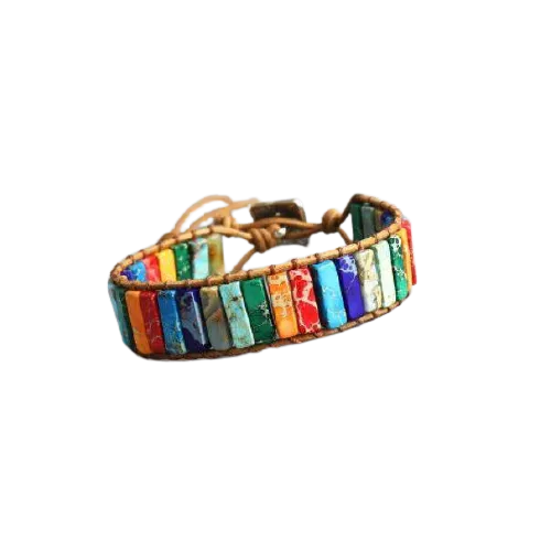 Unisex Handmade 7 Chakra Natural Tube Beads Stone Leather Wrap Bracelet