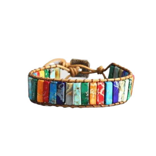 Unisex Handmade 7 Chakra Natural Tube Beads Stone Leather Wrap Bracelet