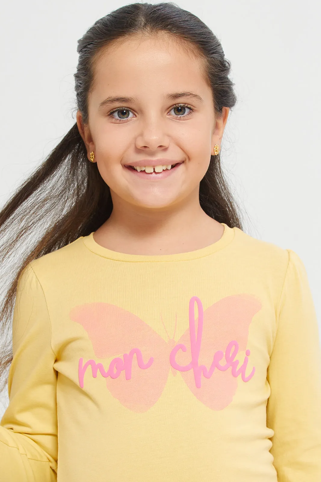 Yellow Mon Cherl Print  Balloon Sleeve  T Shirt