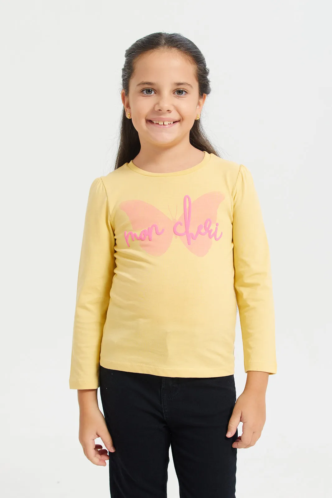 Yellow Mon Cherl Print  Balloon Sleeve  T Shirt